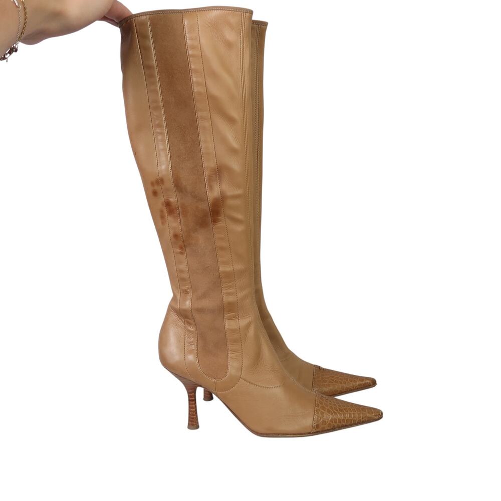 Vintage Chanel Tan Leather Pointed Toe Knee High Heeled Boots 8.5 - Picture 4 of 12